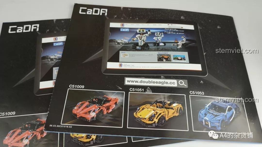 Mặt sau sách hướng dẫn CaDA C61016 quảng cáo các mẫu xe lắp ráp khác cùng hãng như C51009, C51051.