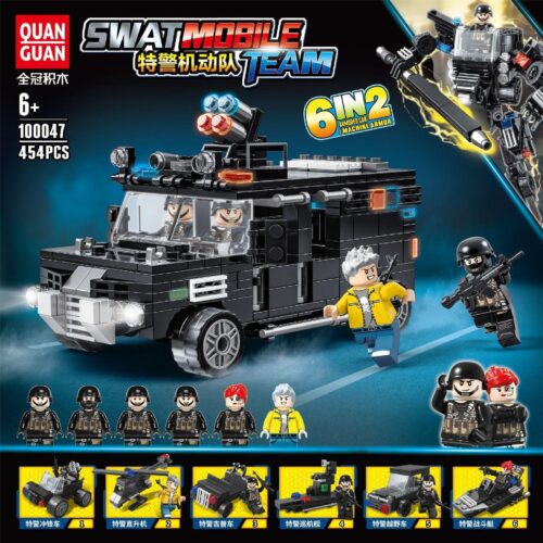 Hộp sản phẩm SWAT Mobile Team của QUANGUAN, hiển thị xe chỉ huy SWAT và các minifigure đi kèm