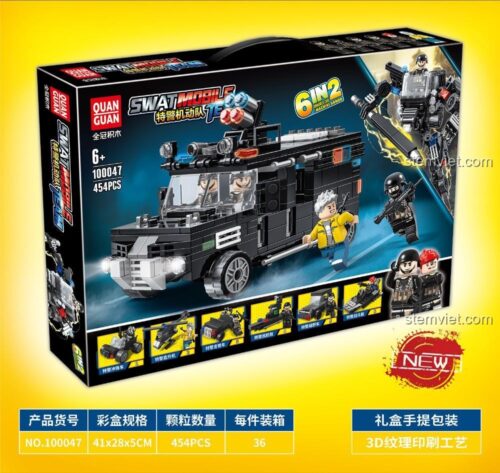 Mặt sau hộp sản phẩm SWAT Mobile Team của QUANGUAN, giới thiệu 6 dạng lắp ráp khác nhau của bộ đồ chơi