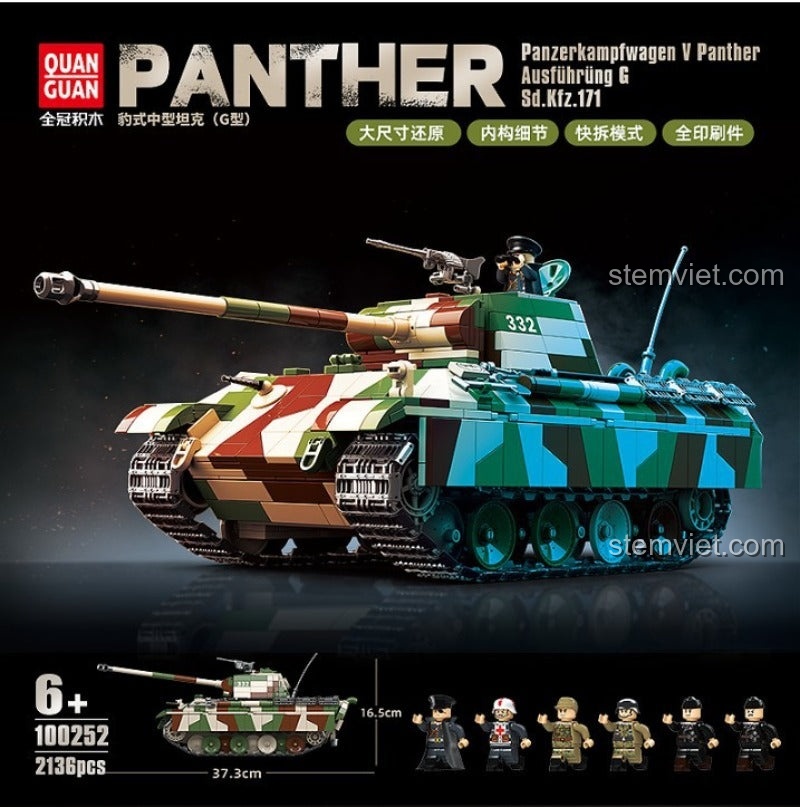 Mô hình xe tăng Panther QUANGUAN 100246, bộ lắp ráp quân sự Chiến Tranh Tuyết Anh Hùng & Tướng Quân, đồ chơi cho bé trai 6 tuổi, chất lượng cao.