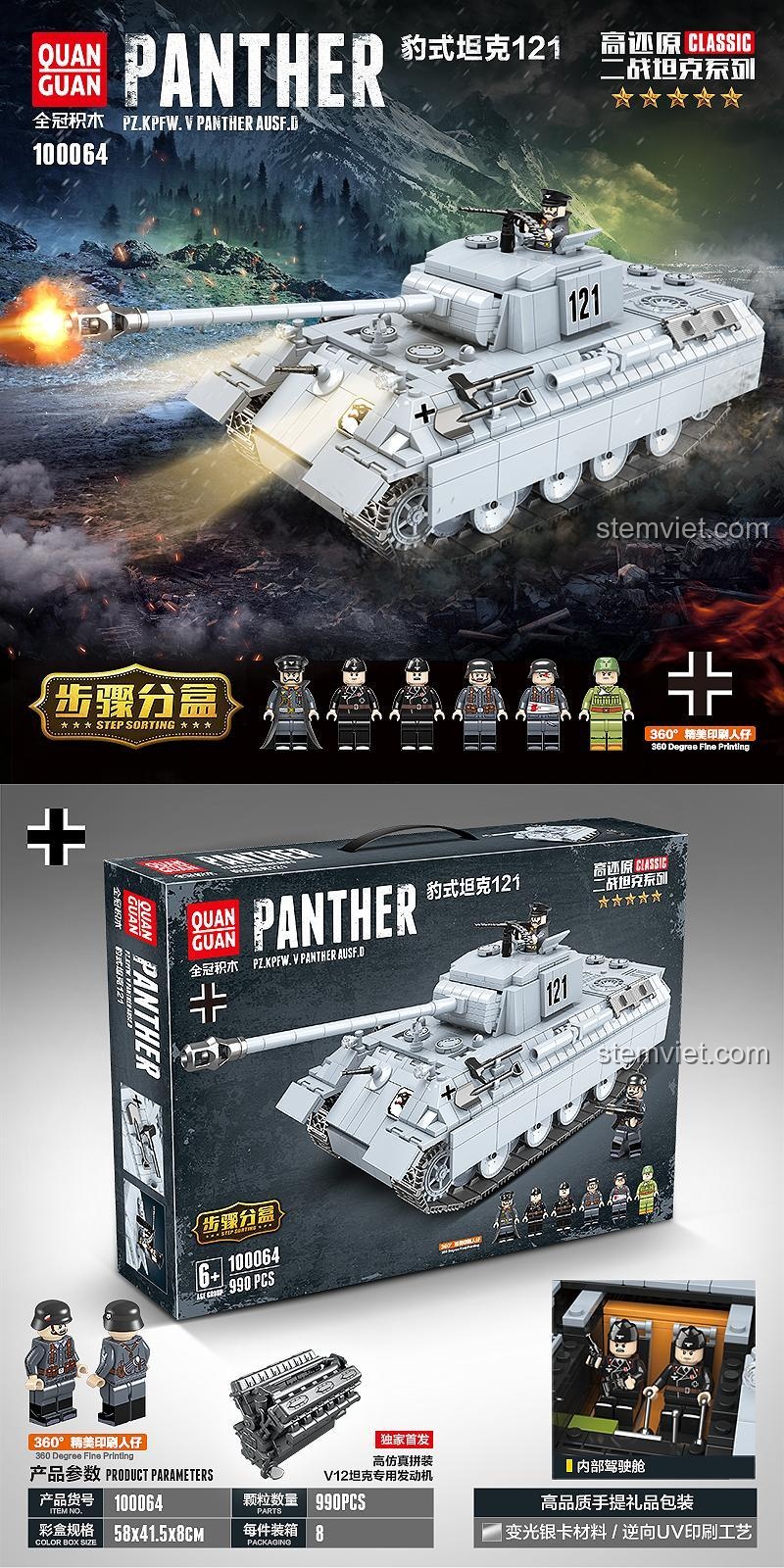 Hộp bộ lắp ghép QUANGUAN 100064 Xe tăng Panther 121 Thế chiến II, hiển thị 990 mảnh ghép và 6 minifigures lính, đồ chơi mô hình cho bé trai.