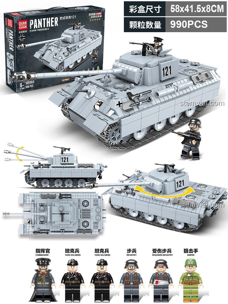 Hộp và tính năng bộ đồ chơi Xe tăng Panther 121 QUANGUAN 100064, mô tả chi tiết 990 mảnh ghép và các minifigures lính Đức, đồ chơi lắp ráp chất lượng cao.
