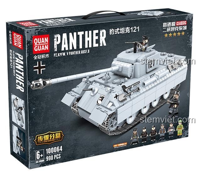 Hộp sản phẩm bộ lắp ghép Xe tăng Panther 121 00064, đồ chơi quân sự cho bé trai 6 tuổi, thể hiện thiết kế chân thực và số lượng 990 mảnh ghép.