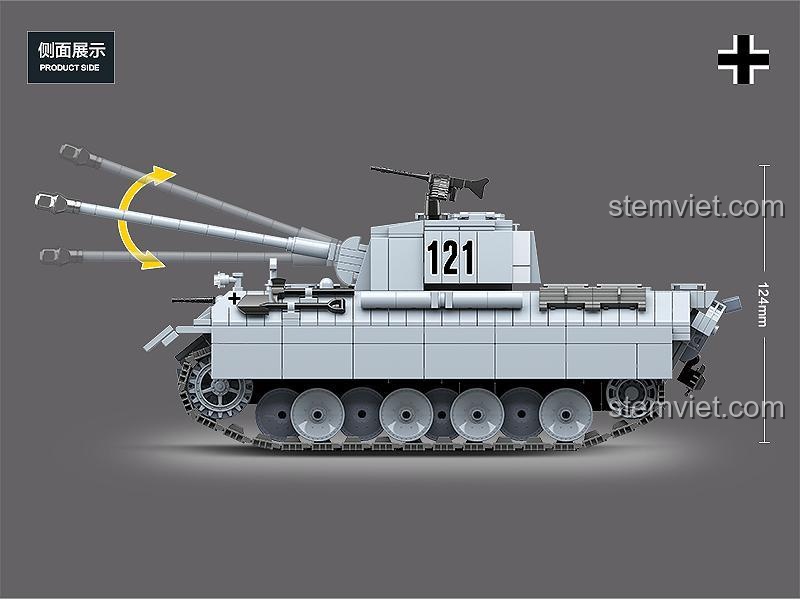 Kích thước mô hình xe tăng Panther QUANGUAN 100064 nhìn từ bên cạnh, chiều cao 12.4cm, tháp pháo có thể xoay, đồ chơi lắp ráp quân sự chân thực.