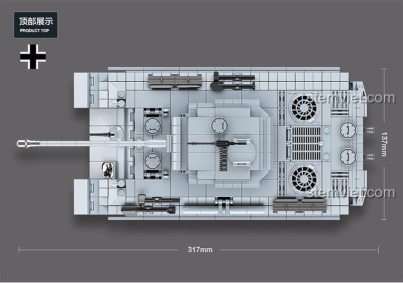 Kích thước mô hình xe tăng Panther QUANGUAN 100064 nhìn từ trên xuống, chiều dài 31.7cm và chiều rộng 13.7cm, thể hiện độ chi tiết cao của bộ lắp ghép.