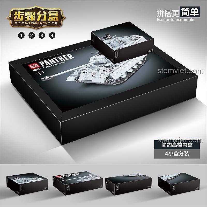 Bên trong hộp bộ lắp ghép QUANGUAN 100064 Xe tăng Panther, phân loại theo bước lắp ráp, giúp bé dễ dàng xây dựng mô hình xe tăng Đức Thế chiến II.