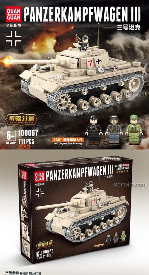 Hộp bộ lắp ráp Xe Tăng Panzer III QUANGUAN 100067 với 3 minifigure, đồ chơi lắp ghép 711 mảnh cho bé trai 6 tuổi