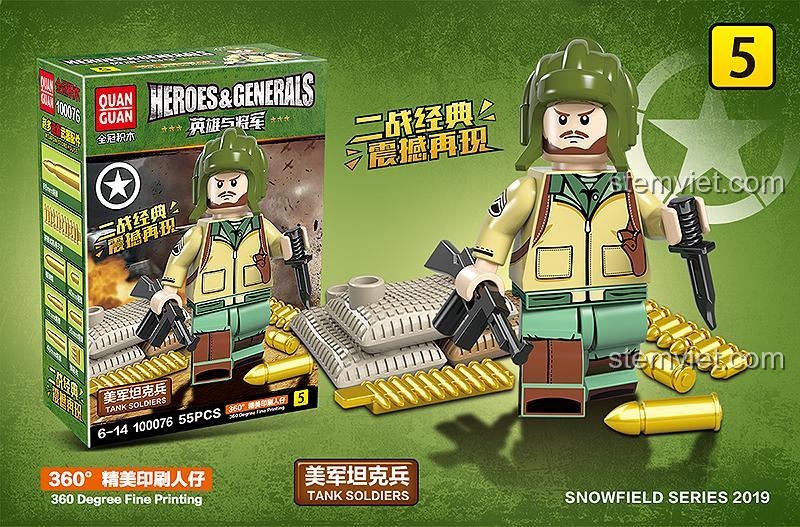 Bộ đồ chơi Lính Mỹ Thế chiến II 00076, minifigure lính tăng với dao và súng lục, đồ chơi xây dựng Pháo 57mm M1, giá tốt.