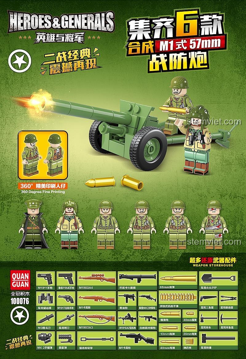 Bộ lắp ghép QUANGUAN 100076 Pháo chống tăng M1, chi tiết minifigure lính Mỹ Thế chiến II và kho vũ khí đa dạng, đồ chơi mô hình cho bé trai.
