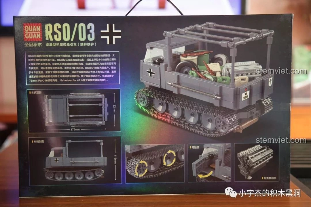 Mặt sau hộp bộ xếp hình QUANGUAN 100086 RSO/03 hiển thị thông tin chi tiết và kích thước mô hình.