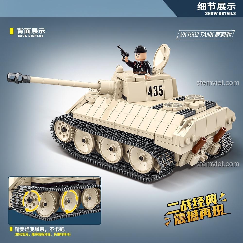 Chi tiết bộ đồ chơi xe tăng quân sự VK 1602 Leopard QUANGUAN 100101 - Mặt sau