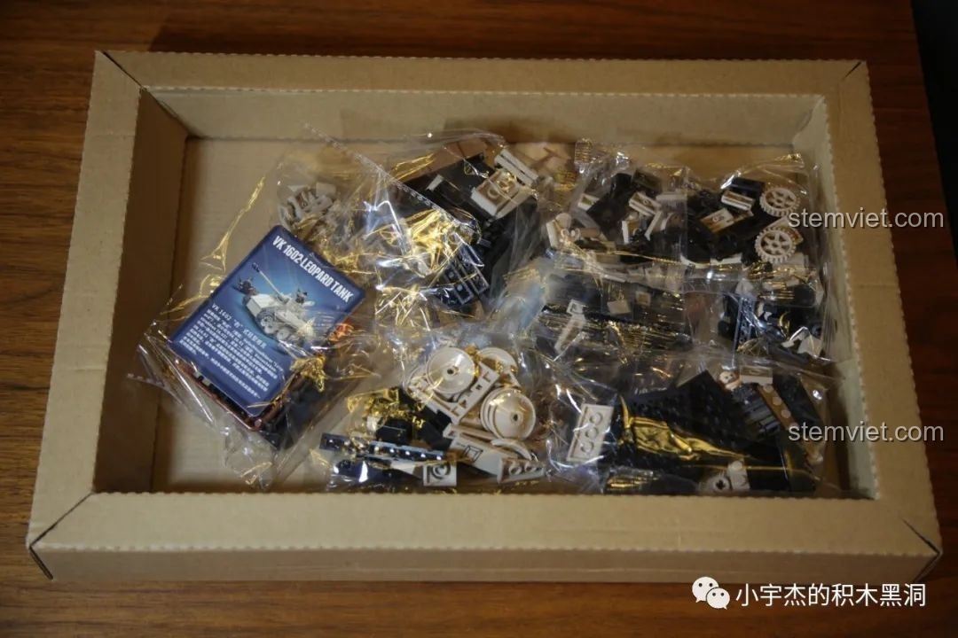 Bên trong hộp QUANGUAN 100101 VK 1602 Leopard Tank, các túi chi tiết được sắp xếp.