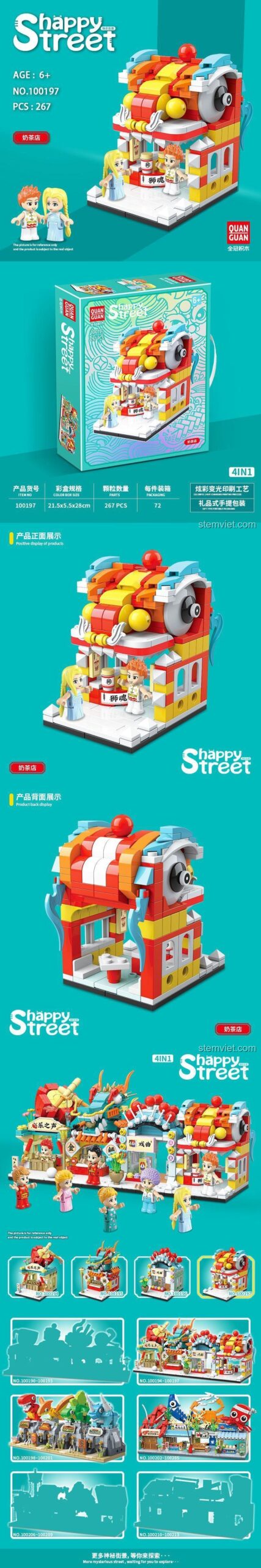 Mô hình lắp ráp QUANGUAN 100197 Cửa hàng trà sữa Happy Street có thể lắp 3 kiểu khác nhau, đồ chơi phát triển tư duy cho trẻ em 6 tuổi.