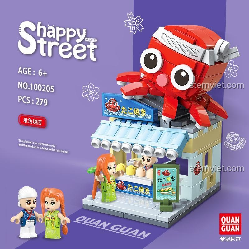 Đồ chơi lắp ghép Quán Takoyaki Happy Street 100205 với minifigure và bạch tuộc đáng yêu, kích thích sáng tạo cho bé.