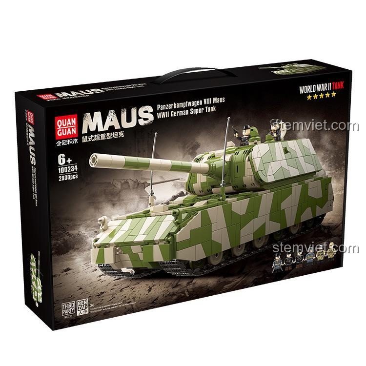 Hộp sản phẩm bộ lắp ráp Xe tăng Panzer VIII Maus QUANGUAN 100234, món quà lý tưởng cho bé trai 6 tuổi yêu thích quân sự.