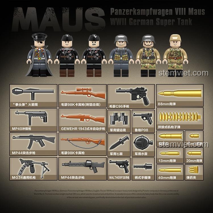 Bộ sưu tập 8 minifigures lính Đức và kho vũ khí đa dạng đi kèm trong bộ lắp ráp Xe tăng Panzer VIII Maus 100234.