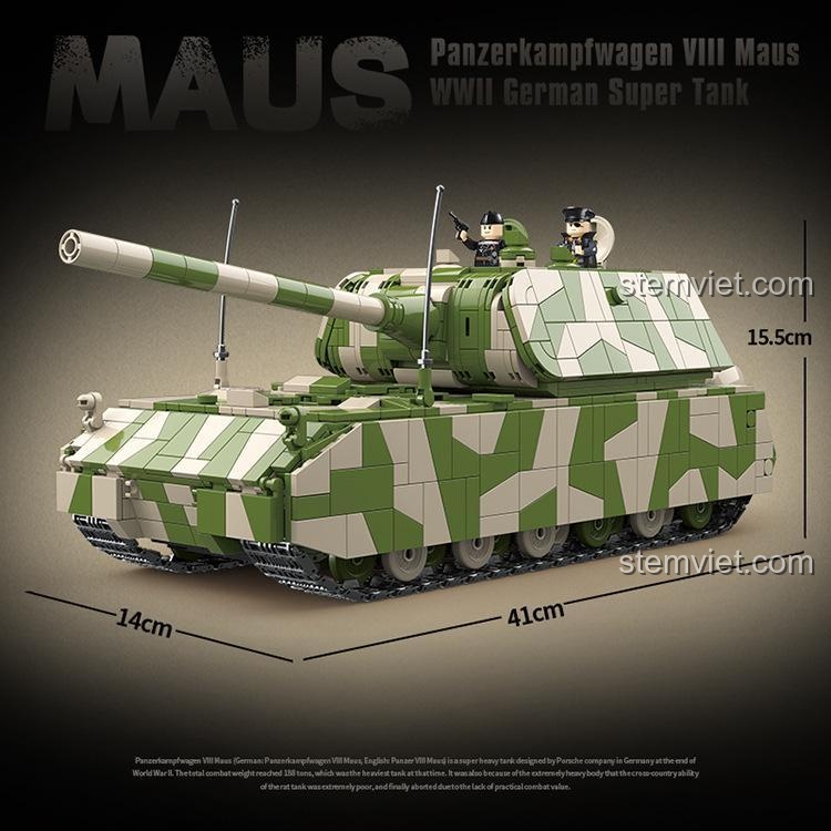 Kích thước thực tế của bộ xếp hình Quái vật thép Maus QUANGUAN 100234: dài 41cm, rộng 14cm, cao 15.5cm.