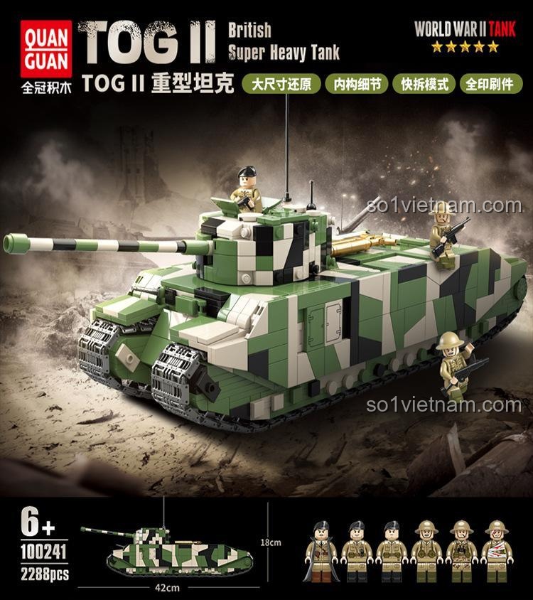 Đồ chơi mô hình Xe tăng TOG II 241, ảnh hộp sản phẩm, 2288 chi tiết, 6 minifigures, phù hợp bé trai 6 tuổi