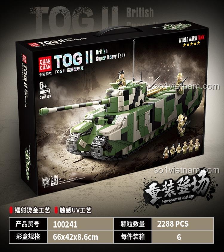 QUANGUAN 100241 Xe tăng siêu nặng TOG II, thông tin hộp sản phẩm, 2288 chi tiết, kích thước hộp, đồ chơi giá rẻ