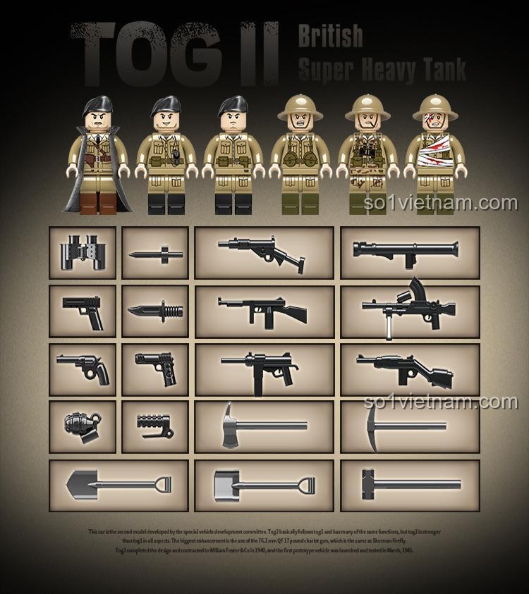 Bộ lắp ráp Xe tăng quân sự TOG II QUANGUAN 100241, 6 minifigures lính Anh và vũ khí đi kèm, đồ chơi cho bé trai