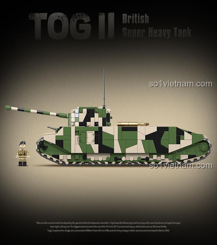 Xe tăng siêu nặng TOG II của Anh Quốc QUANGUAN 100241, kèm minifigure lính, đồ chơi quân sự chất lượng cao