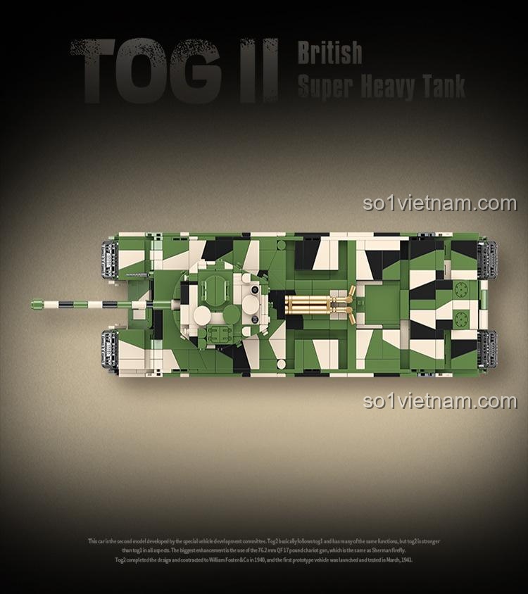 Đồ chơi lắp ghép Xe tăng TOG II QUANGUAN 100241, góc nhìn từ trên xuống, ngụy trang độc đáo, cho bé trai 6 tuổi