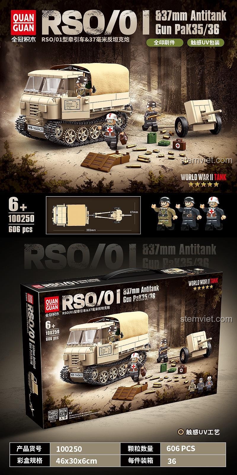 Hộp bộ lắp ráp QUANGUAN 100250 Xe Kéo Quân Sự RSO/01 và Pháo Chống Tăng 37mm PaK35/36, 606 chi tiết, dành cho bé 6+.