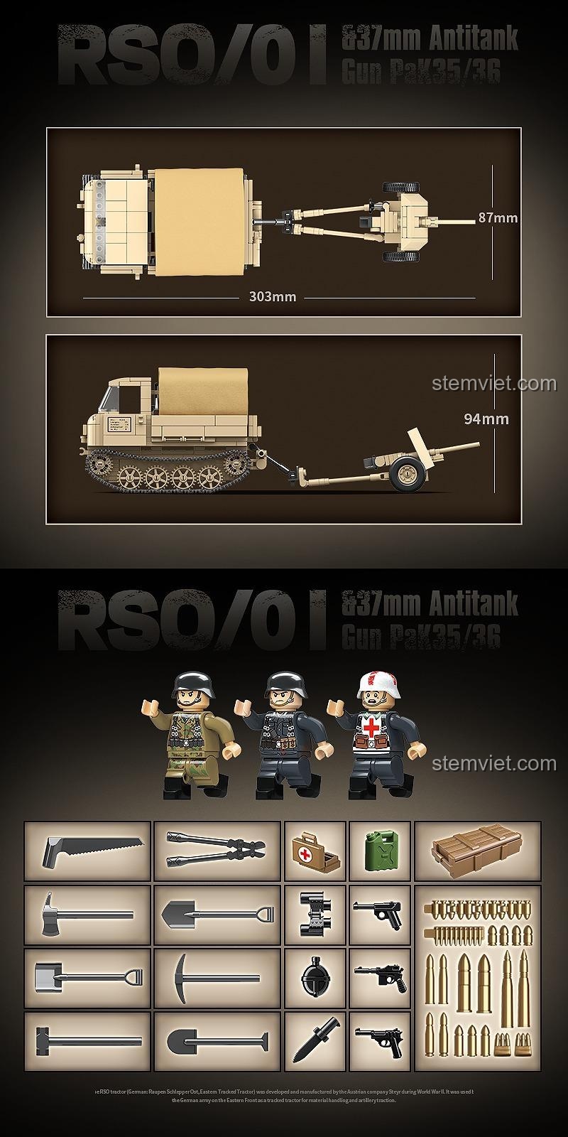 Kích thước tổng thể mô hình QUANGUAN 100250 Xe Kéo Quân Sự RSO/01 và Pháo Chống Tăng 37mm PaK35/36, dài 30.3cm, rộng 8.7cm, cao 9.4cm.