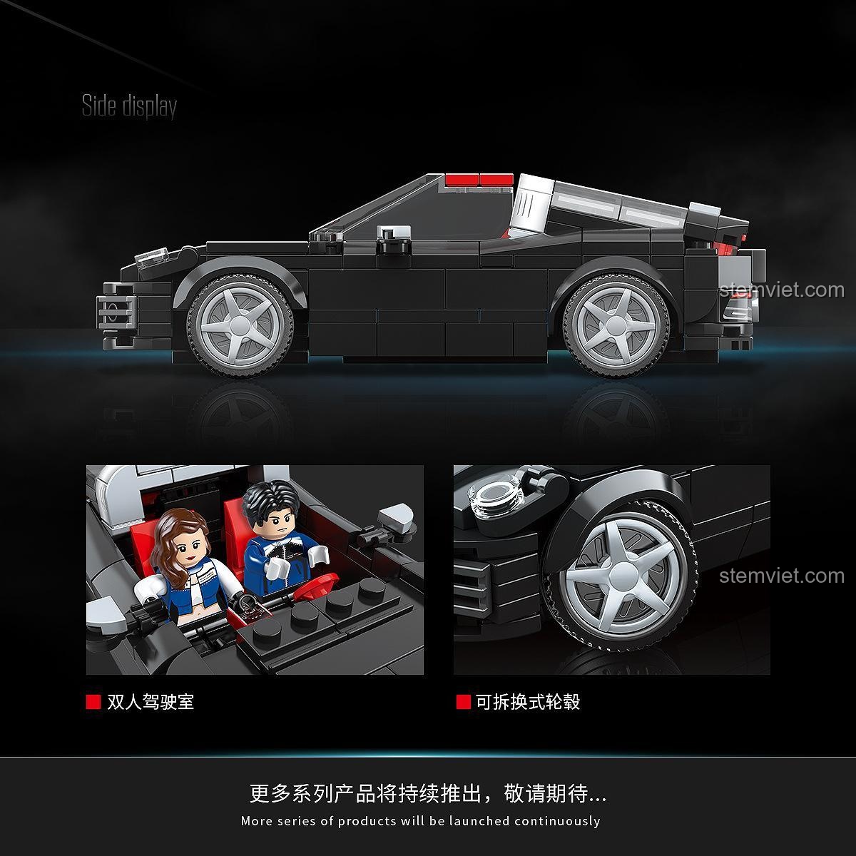 Chi tiết đồ chơi mô hình QUANGUAN 100273: khoang lái đôi và bánh xe có thể tháo rời của xe Porsche 911.