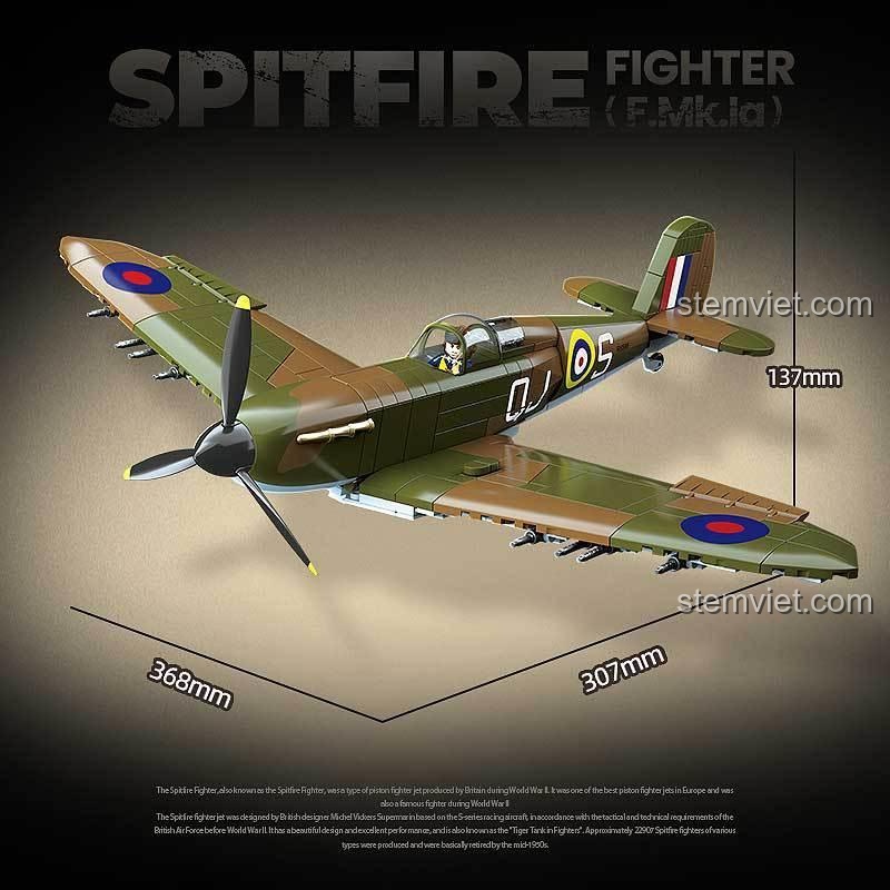 Kích thước chi tiết của bộ lắp ghép máy bay chiến đấu Spitfire F.Mk.Ia QUANGUAN 100279, thể hiện chiều dài, rộng, cao