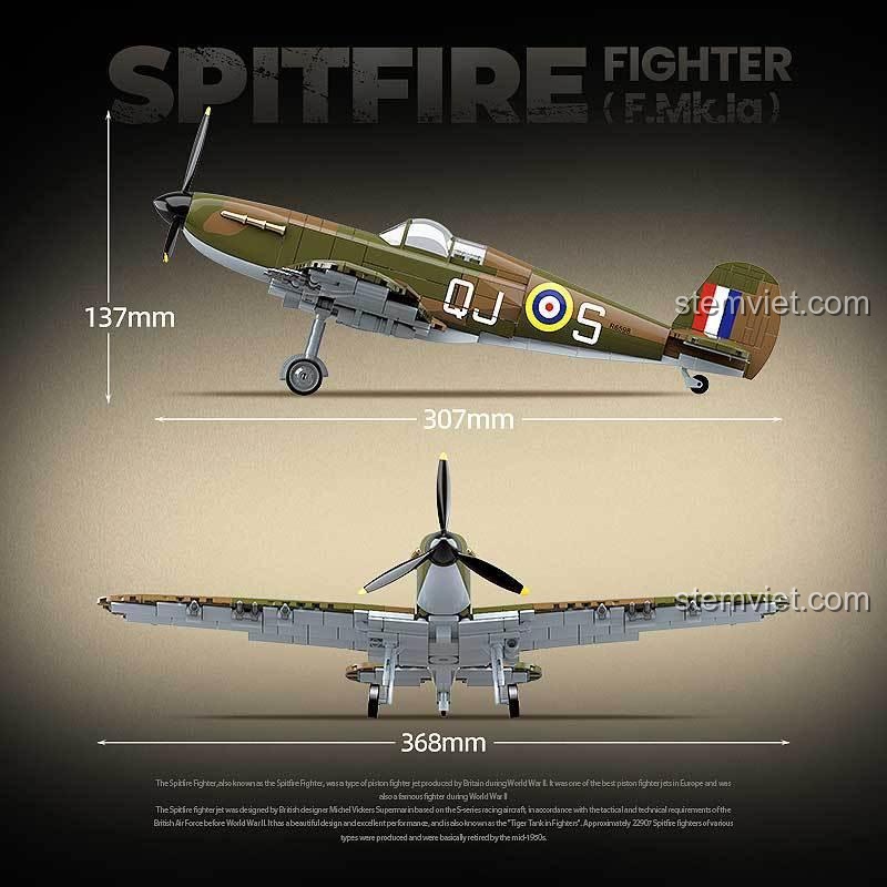 Cận cảnh đồ chơi lắp ráp máy bay chiến đấu Spitfire F.Mk.Ia QUANGUAN 100279 từ góc nghiêng, hiển thị chiều dài và chiều cao