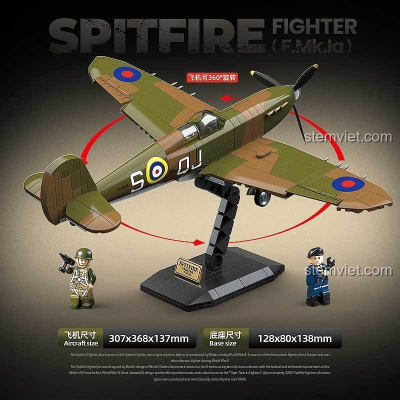 Mô hình máy bay chiến đấu Spitfire F.Mk.Ia QUANGUAN 100279 trên đế trưng bày xoay 360 độ, hiển thị kích thước máy bay và đế