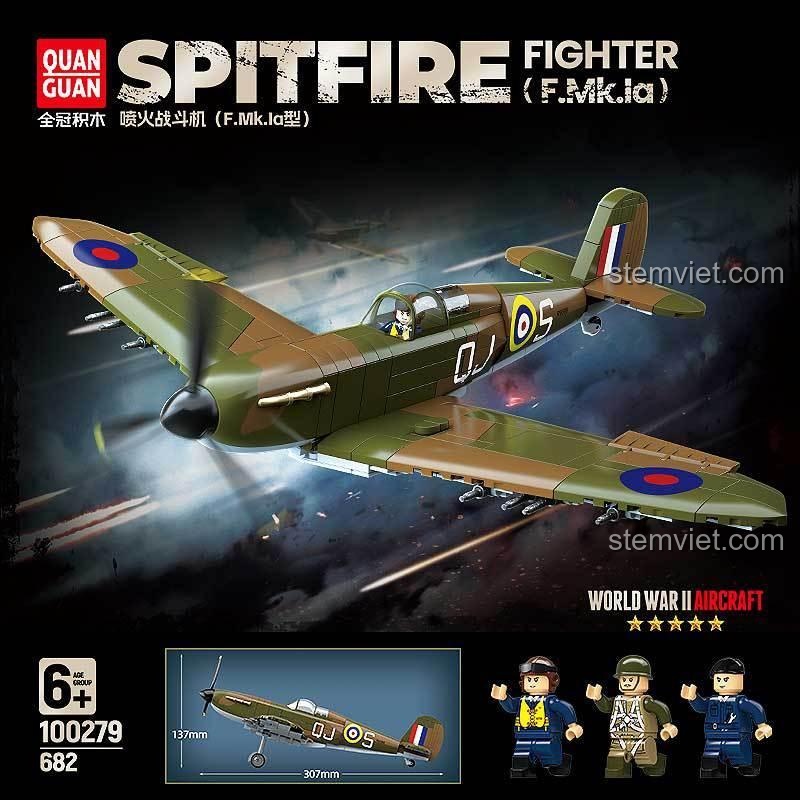 Mô hình máy bay chiến đấu Spitfire F.Mk.Ia QUANGUAN 100279 với 3 minifigures và kích thước chi tiết