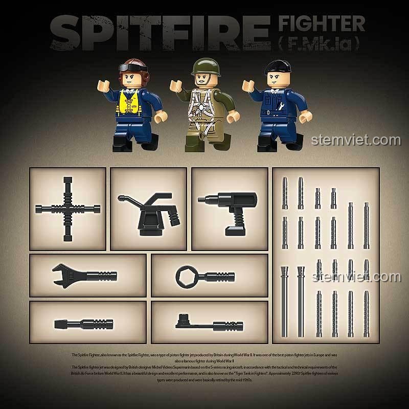 3 minifigures và các phụ kiện vũ khí đi kèm bộ đồ chơi mô hình QUANGUAN 100279 Máy bay chiến đấu Spitfire F.Mk.Ia