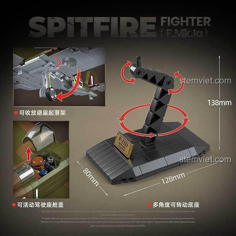 Các tính năng đặc biệt của bộ lắp ghép QUANGUAN 100279 Máy bay chiến đấu Spitfire F.Mk.Ia: buồng lái mở, bánh đáp thu gọn, cánh quạt xoay