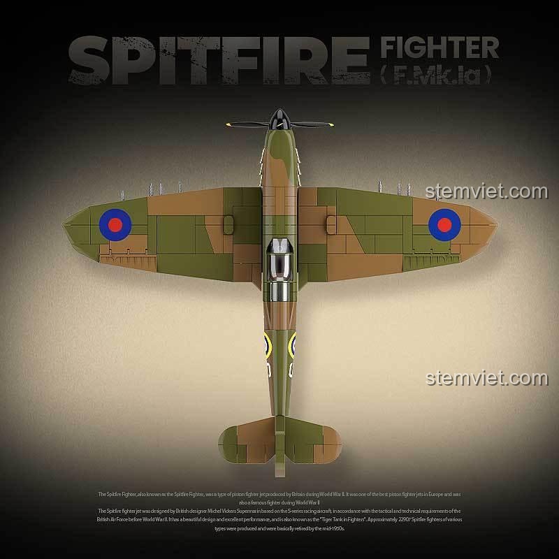 Góc nhìn từ trên xuống của đồ chơi mô hình máy bay chiến đấu Spitfire F.Mk.Ia QUANGUAN 100279, thể hiện thiết kế cánh và thân