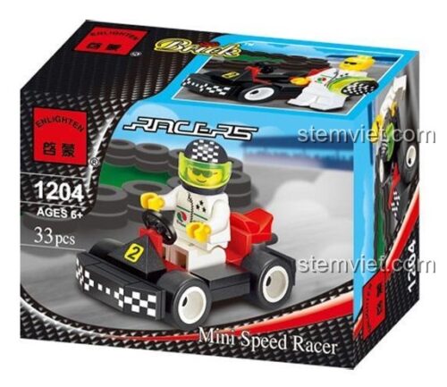 Hộp sản phẩm bộ đồ chơi lắp ghép Mini Speed Racer mã 1204 của hãng 启蒙QMAN/ENLIGHTEN/Keeppley. Hộp có hình ảnh mô hình xe đua và người lái, thông tin sản phẩm: 33 pcs, Ages 6+. Bộ đồ chơi cho bé trai, tương thích LEGO®.