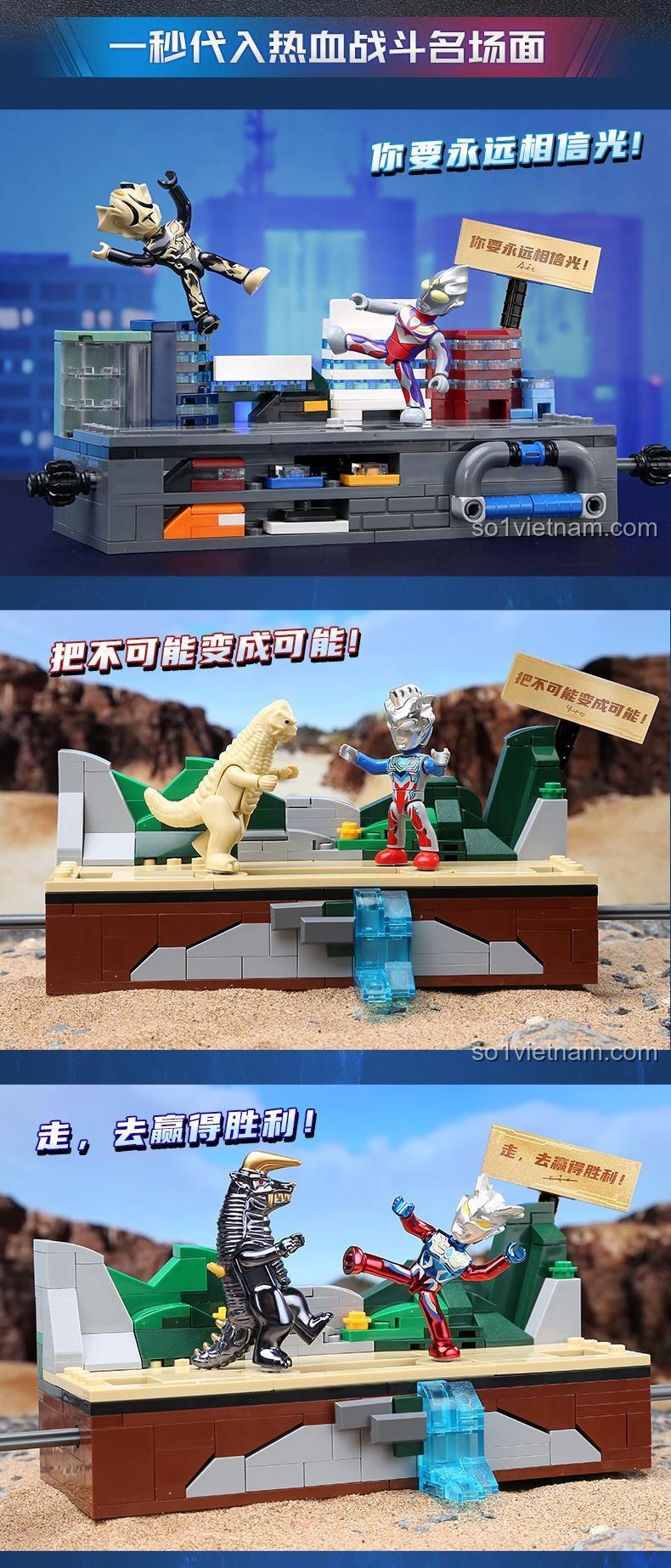 Mô hình Ultraman và quái vật đối đầu trong bộ đồ chơi lắp ghép Ultraman Heroes Brick Man Duel 75036 của Qman