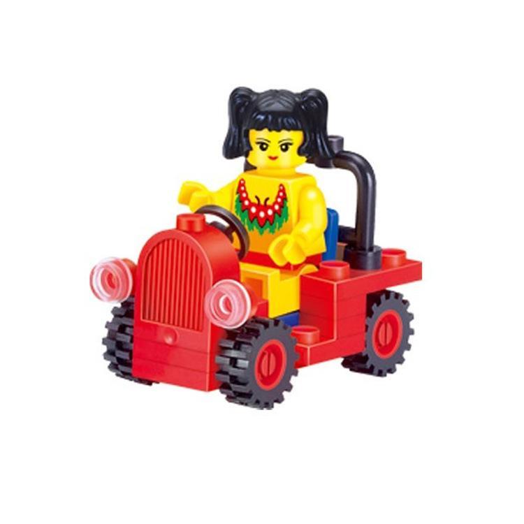 Hộp sản phẩm bộ lắp ghép Girls Series Little Car 1205 của hãng启蒙QMAN/ENLIGHTEN/Keeppley, có hình ảnh bé gái và xe hơi, 34 mảnh ghép, độ tuổi 6+