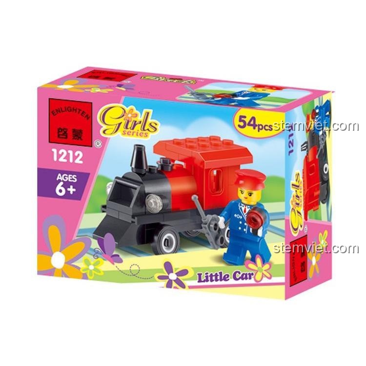 Hộp bộ đồ chơi tàu hỏa nhỏ màu đỏ đen, 54 mảnh ghép, thương hiệu 启蒙QMAN/ENLIGHTEN/奇妙积木Keeppley, mã 1212, dành cho bé gái 6 tuổi, chất lượng cao, giá tốt, tương thích LEGO®