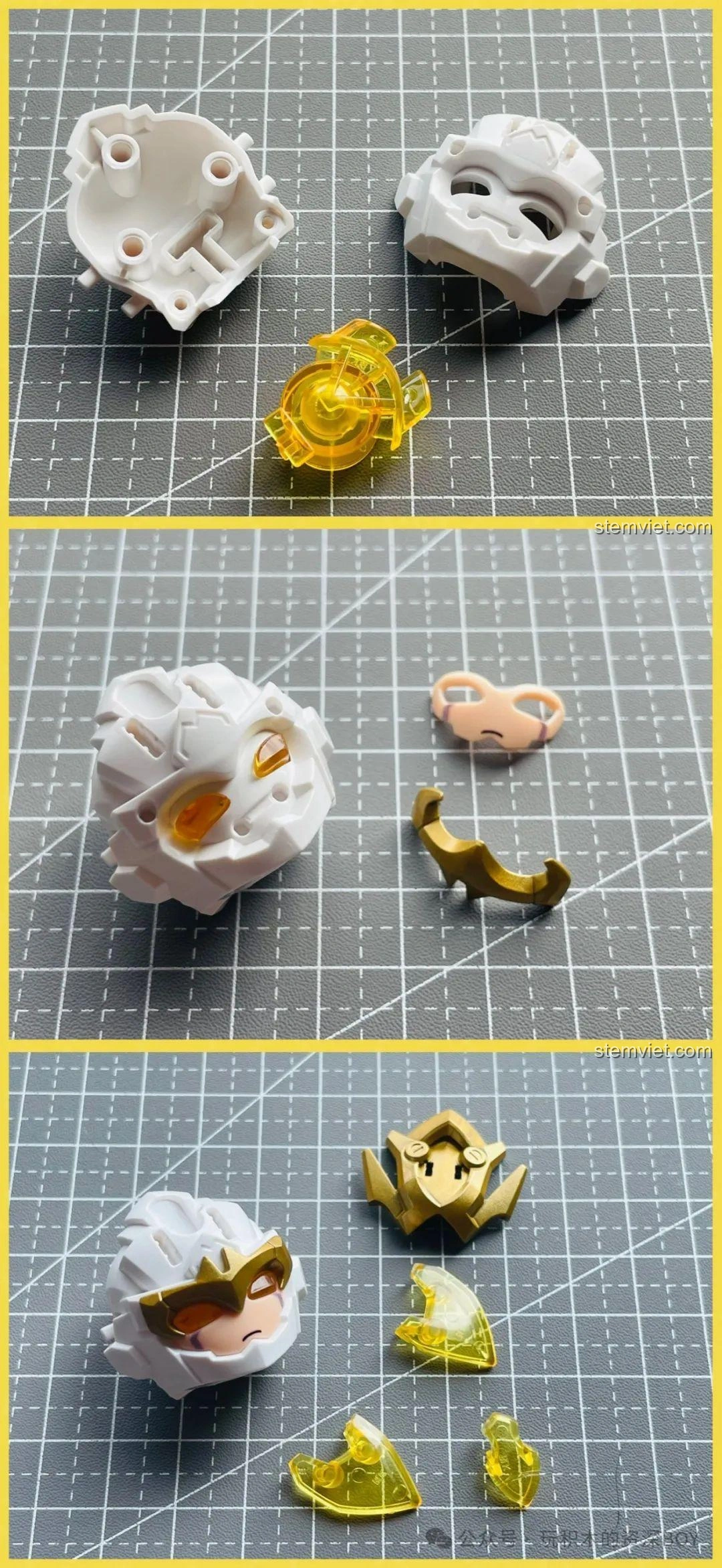 Quá trình lắp ráp từng bước phần đầu của mô hình Lưu Bị Chiến Giáp, thể hiện sự khớp nối chính xác.