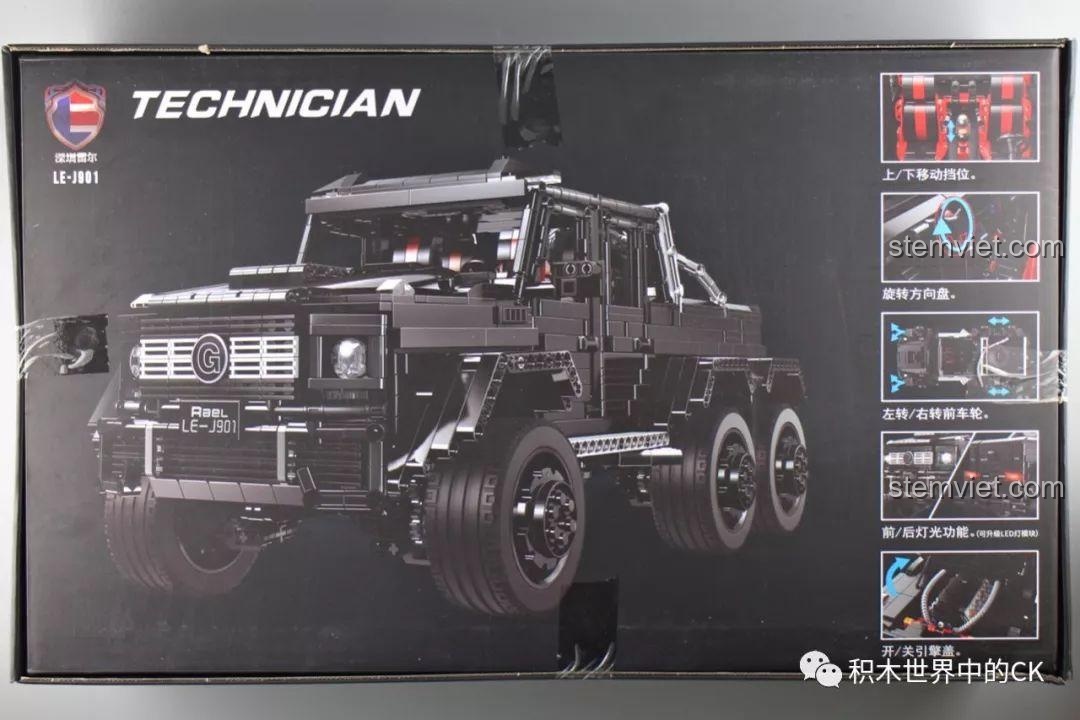 Mặt sau hộp đồ chơi mô hình Rael LE-J901, thể hiện các chức năng của xe Mercedes G63 6x6.