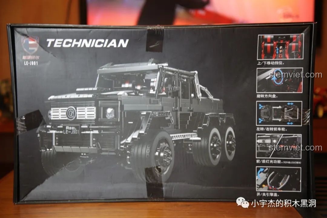 Mặt sau hộp đồ chơi lắp ráp Rael LE-J901 Mercedes G63 AMG 6x6, giới thiệu các tính năng và chi tiết mô hình.