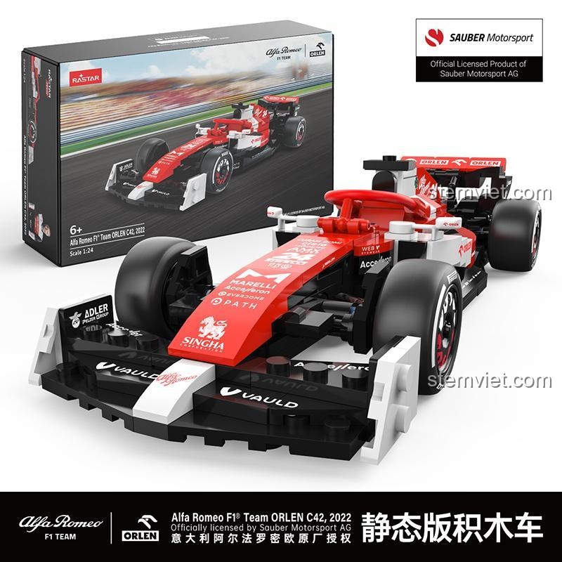 Đồ chơi mô hình Alfa Romeo F1 Team ORLEN C42 với các bộ phận được tách rời, cho thấy cấu trúc lắp ráp thông minh và chi tiết.