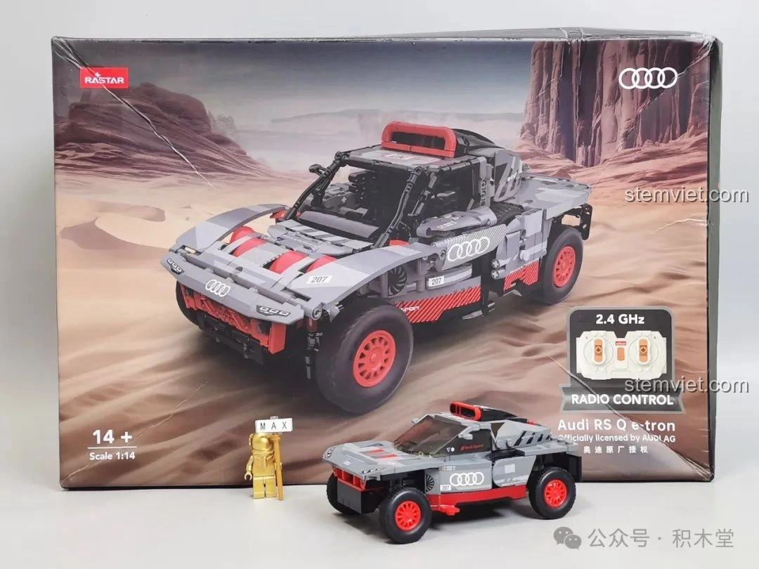 Hộp sản phẩm bộ lắp ghép RASTAR 92700 Audi RS Q e-tron với hình ảnh mô hình xe đua sa mạc và thông tin tỉ lệ 1:14, số mảnh 1437.