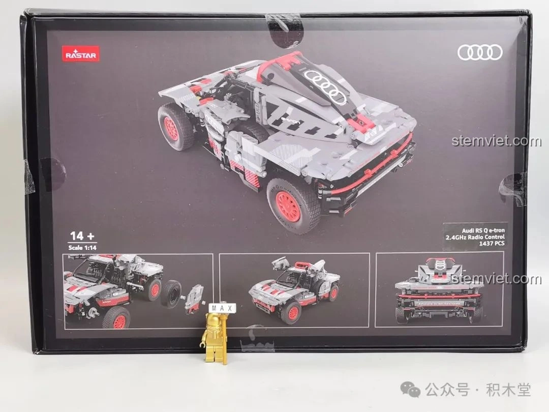 Mặt sau hộp bộ lắp ghép RASTAR 92700 Audi RS Q e-tron hiển thị các góc nhìn khác nhau của mô hình và thông số kỹ thuật cơ bản.