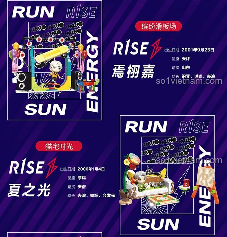 Chi tiết mô hình Sân khấu Tốt nghiệp R1SE 60004, các nhân vật minifigure của nhóm R1SE, đồ chơi sáng tạo