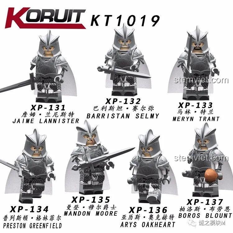 Ảnh render bộ 7 minifigure Đội Vệ Vương Kingsguard KORUIT KT1019 giáp bạc, có tên các nhân vật như Jaime Lannister.