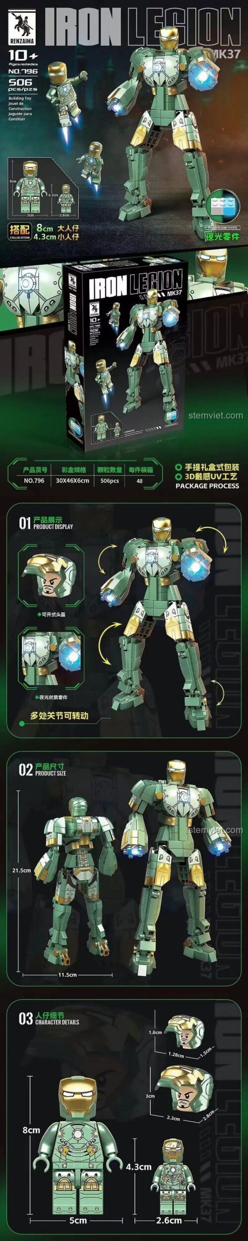 Chi tiết bộ lắp ráp RENZAIMA 796 Robot Người Sắt MK37, cao 21.5cm, có đèn LED và minifigure đi kèm.