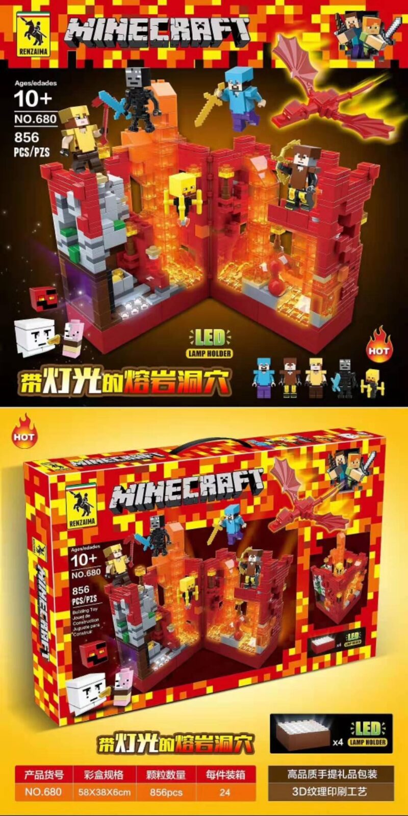 Hộp bộ lắp ghép Hang Động Dung Nham Minecraft RENZAIMA 680 có đèn LED, 856 chi tiết, dành cho bé trai 10 tuổi, giá tốt.